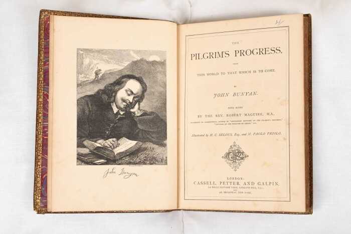 A leather bound edition of The Pilgrim's Progress by John Bunyan, with notes by Rev. Robert Maguire M.A.