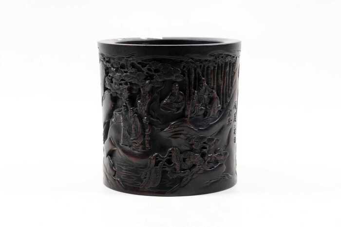 Oriental timber deep carved brush pot