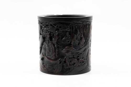 Oriental timber deep carved brush pot