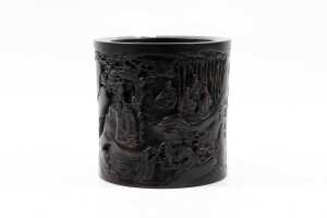 Oriental timber deep carved brush pot
