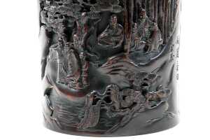 Oriental timber deep carved brush pot - 2