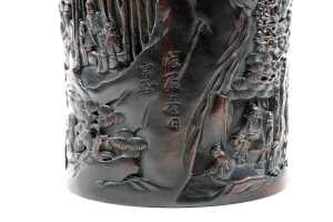 Oriental timber deep carved brush pot - 3