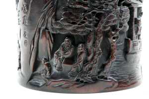 Oriental timber deep carved brush pot - 4