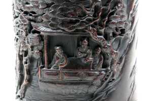 Oriental timber deep carved brush pot - 5