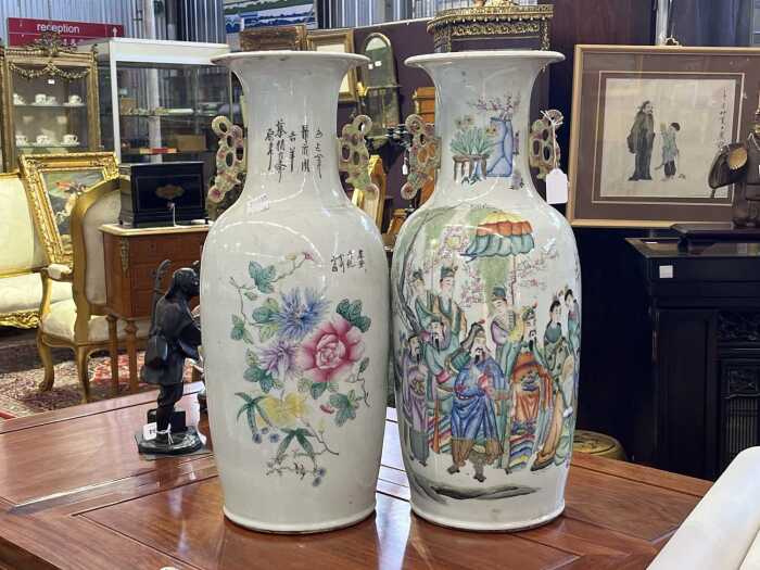 Pair of Fen Cai twin ear porcelain vases