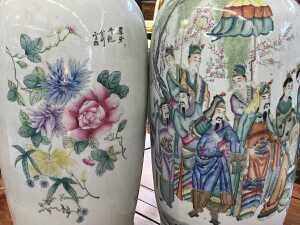 Pair of Fen Cai twin ear porcelain vases - 2