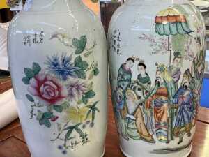 Pair of Fen Cai twin ear porcelain vases - 3