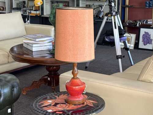 Mid-century turned timber and ceramic table lamp