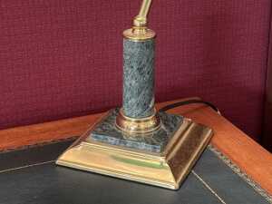 Marble and brass banker's desk lamp with green shade. - 2