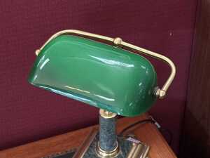 Marble and brass banker's desk lamp with green shade. - 3