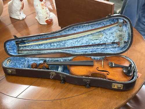 Vintage violin with two bows in leather carry case