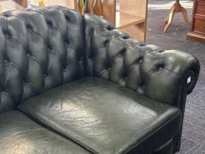 Cheserfield three-seater green leather sofa - 2