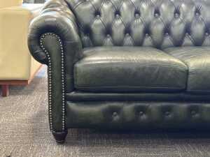 Cheserfield three-seater green leather sofa - 3