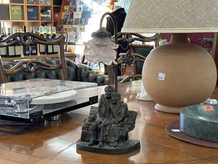 Art Nouveau figural lamp with a floral rose lamp shade