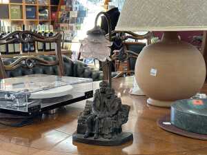Art Nouveau figural lamp with a floral rose lamp shade