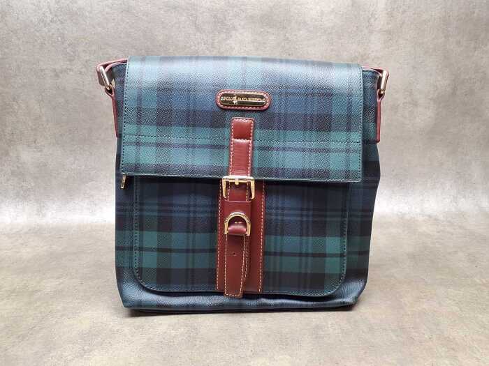 Designer-style messenger bag, tartan plaid pattern and gold-tone hardware.