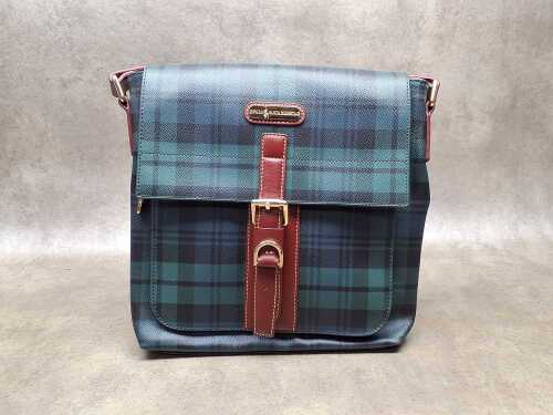 Designer-style messenger bag, tartan plaid pattern and gold-tone hardware.