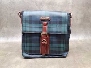 Designer-style messenger bag, tartan plaid pattern and gold-tone hardware.