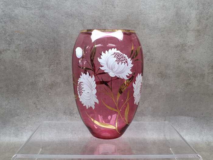 Mid-century cranberry glass vase with hand-painted and gilt decoration