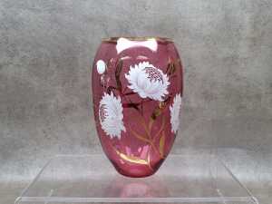 Mid-century cranberry glass vase with hand-painted and gilt decoration