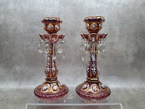Pair of vintage cranberry glass mantel lustres