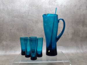 Mid-century seven-piece blue glass drinks set 'Made in Poland'
