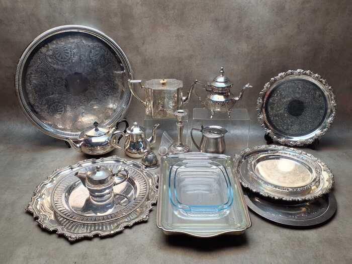 Silver plate, metalware and Pyrex glass items