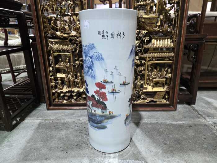 Chinese ceramic umbrella stand with traditional mountain landscape decoration