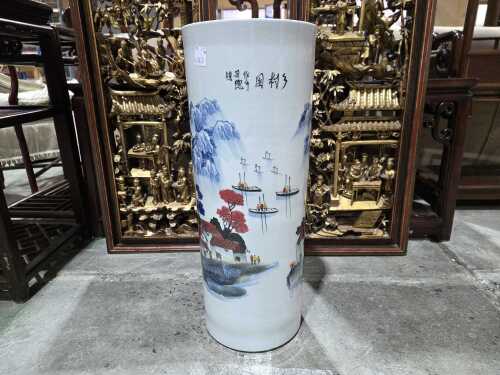 Chinese ceramic umbrella stand with traditional mountain landscape decoration