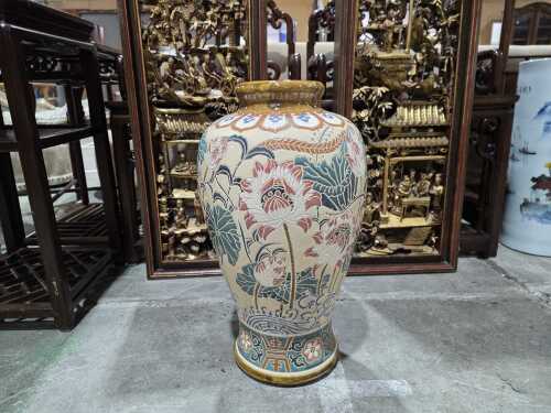Oriental ceramic floor vase with incised and glazed floral decoration