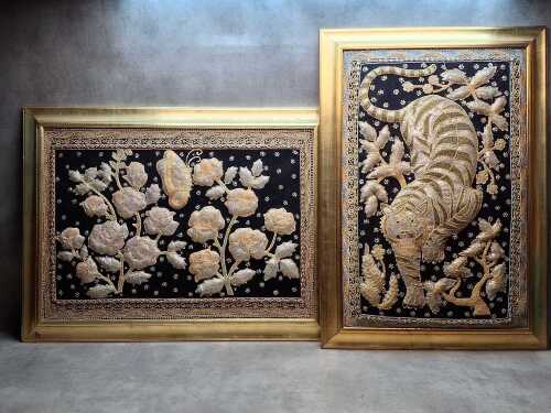 Pair of vintage Asian sequined embroidered pictures