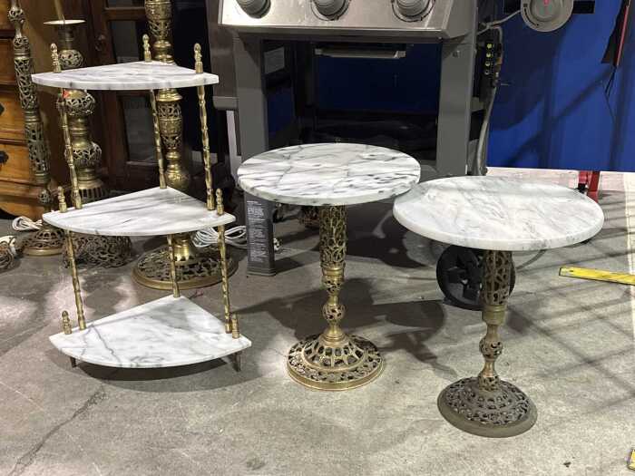Three small brass pedestal tables