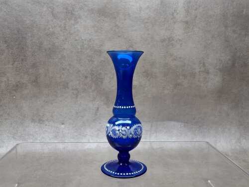 Vintage Murano cobalt glass vase with hand-painted design