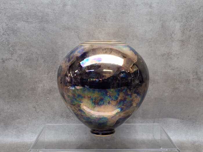Andrew Gibson gilded iridescent blue Australian pottery vase
