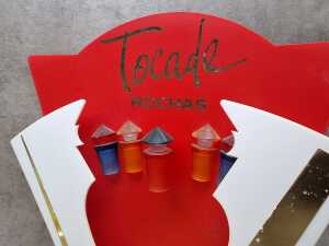 Five perfume shop displays and placards, some with perfume bottles - 3