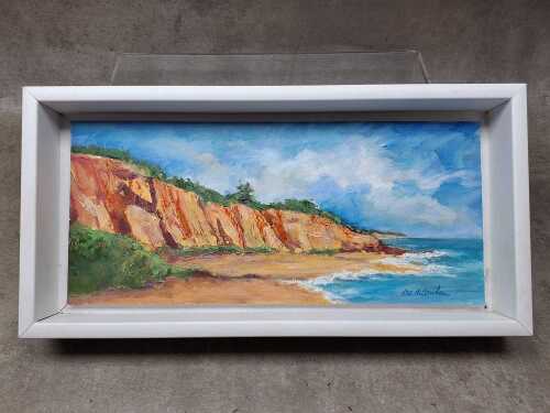 Roz McQuillan, Red Bluff Cliffs. Oil painting on board