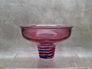 Art glass plum centrepiece bowl with blue and orange swirls