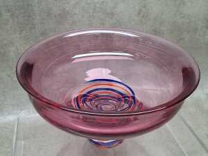 Art glass plum centrepiece bowl with blue and orange swirls - 2