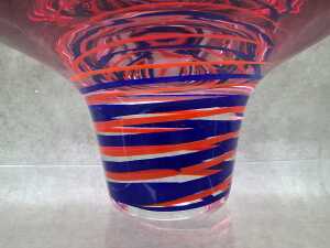 Art glass plum centrepiece bowl with blue and orange swirls - 3