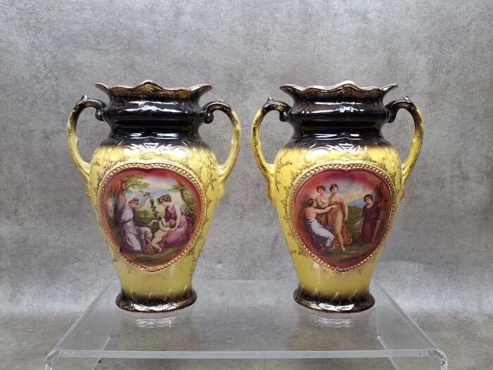 Pair of antique Alton ceramic gilded twin-handled vases
