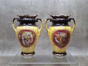 Pair of antique Alton ceramic gilded twin-handled vases