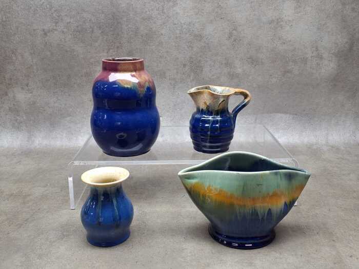 Four Remued Art Deco drip glaze pottery pieces
