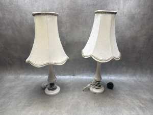 Two alabaster and metal table lamps with fabric shades