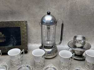 Group of demitasse and Glasnost Italian espresso maker - 2