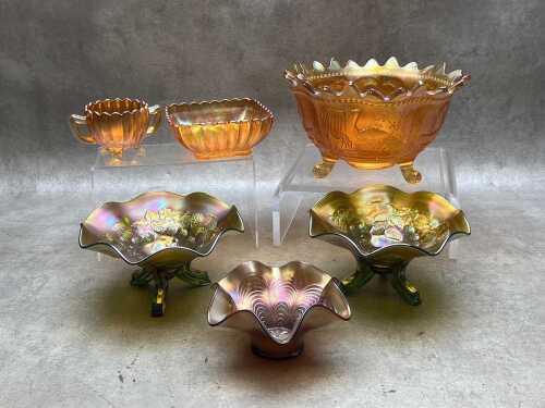 Vintage marigold, green and amethyst carnival glass items
