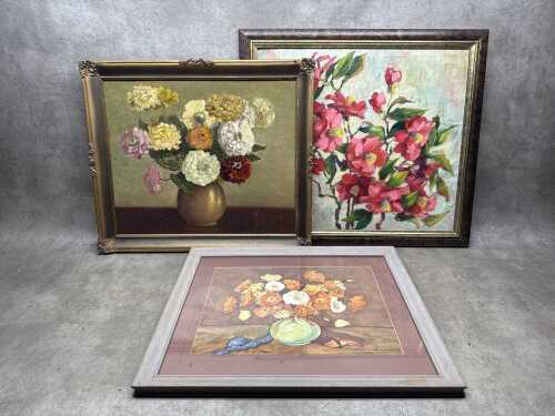 Three vintage floral still life paintings