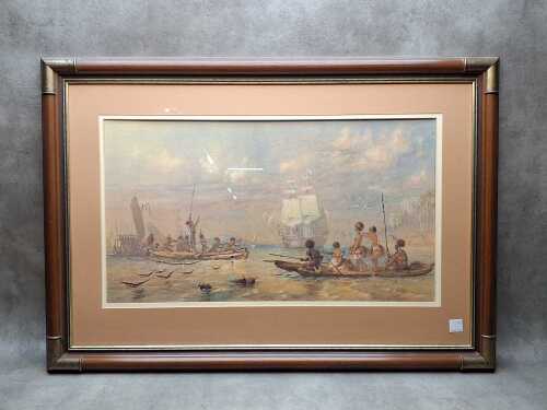 After Sir Oswald Brierly 'The Rattlesnake'. Print on paper in vintage timber frame