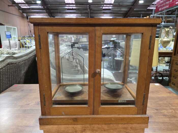 Antique H.L. Becker & Fils. analytical balance scales in timber and glass case