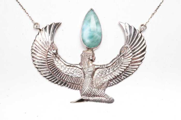 A feather tribe larimar Isis goddess necklace in sterling silver