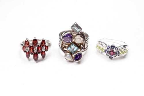 Three gemstone rings in sterling silver